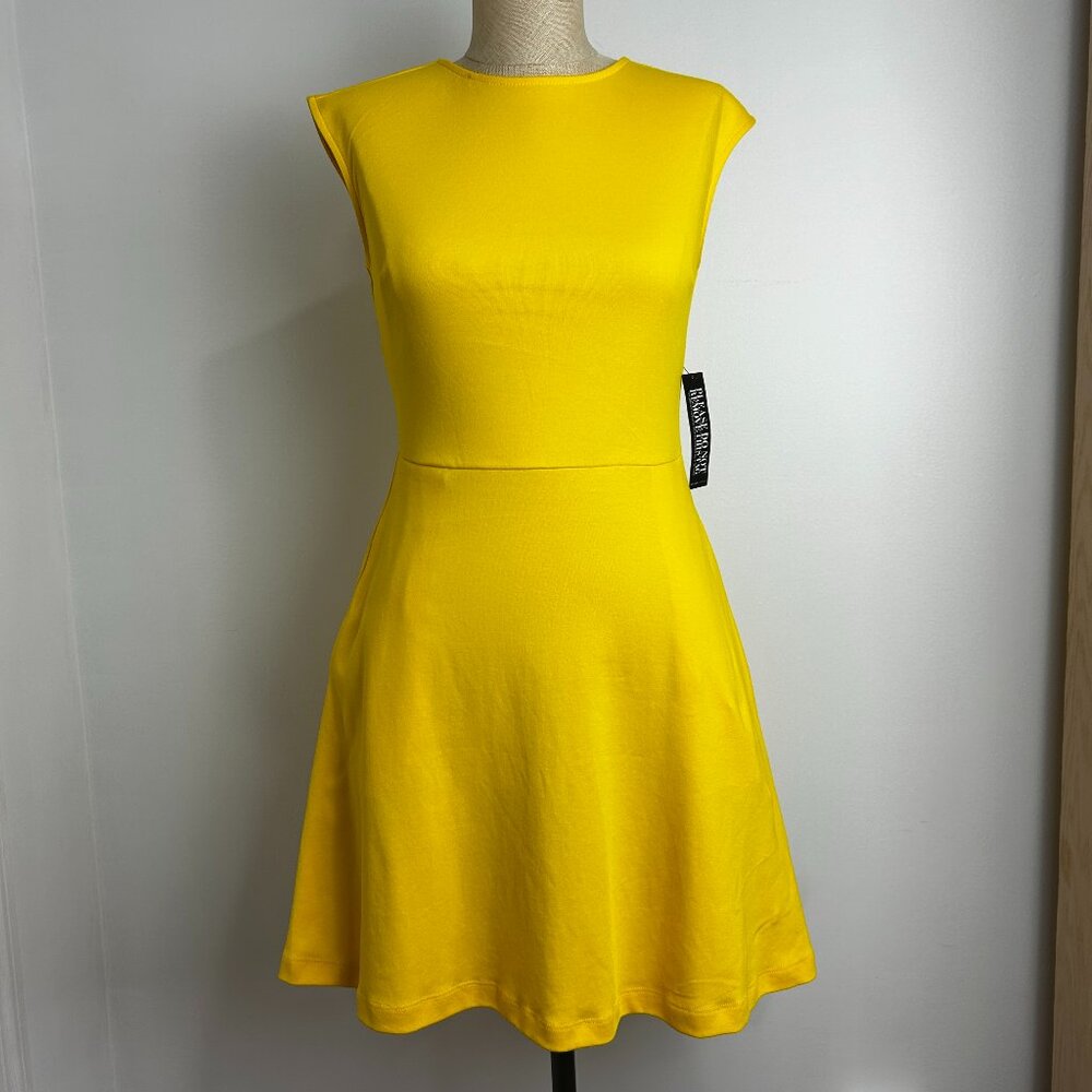 New York & Company Yellow Fit & Flare Dress Petite XS Pockets Button Back Cotton